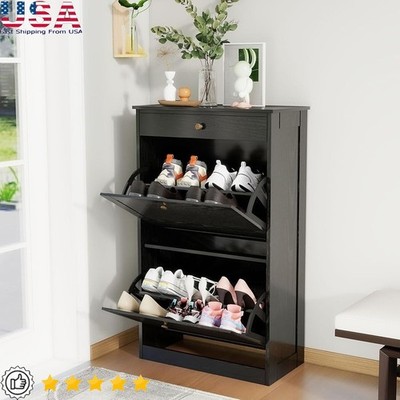 Modern Shoe Storage Cabinet W/ Flip Drawers Multi-Functional Entryway Organizer
