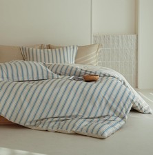 Striped Duvet Cover King Size, 100 Natural Cotton Vintage Beige Blue Patte...
