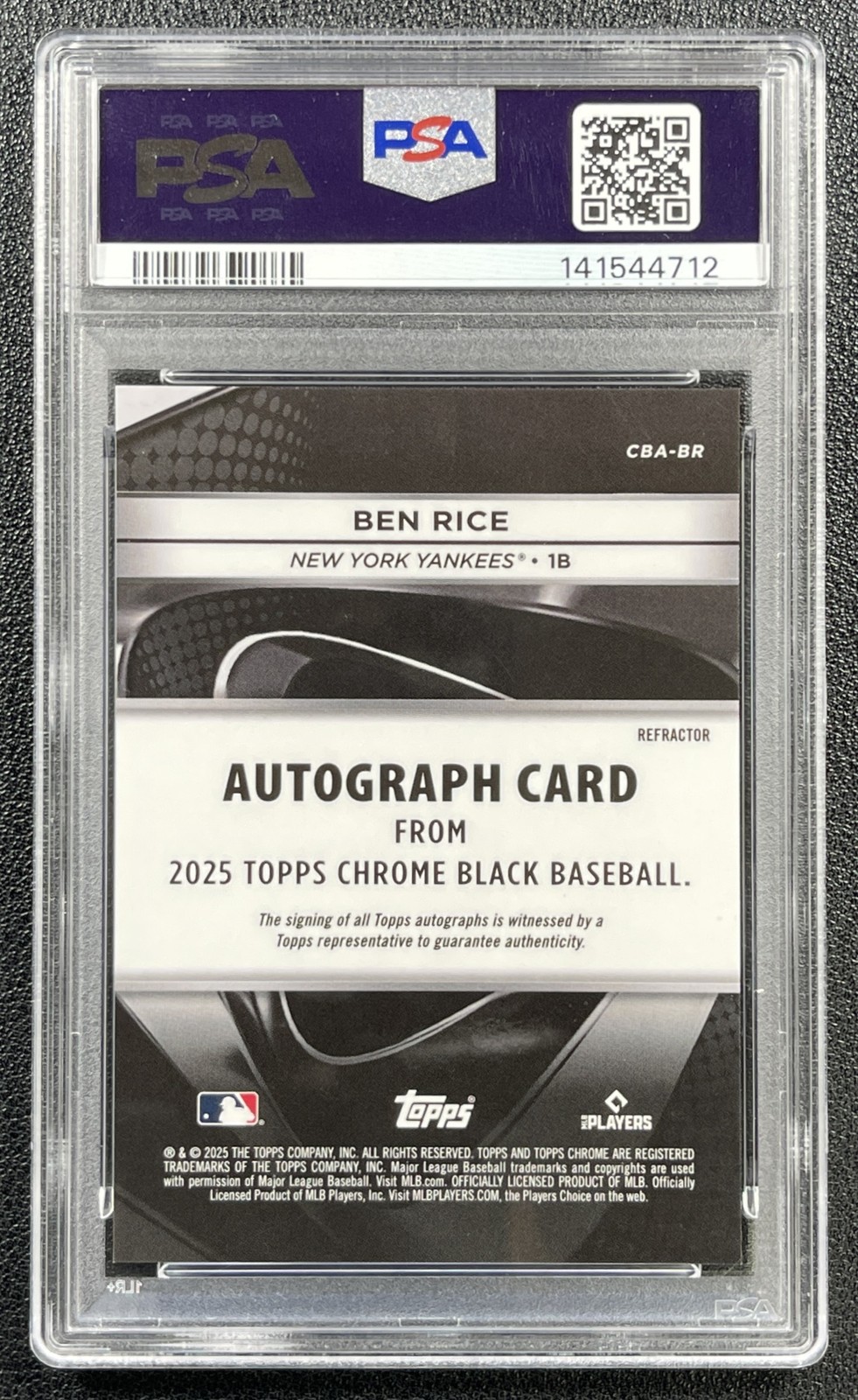 BEN RICE PSA 10 2025 TOPPS CHROME BLACK #CBA-BR ROOKIE REFRACTOR AUTO RC 161/199 view 2