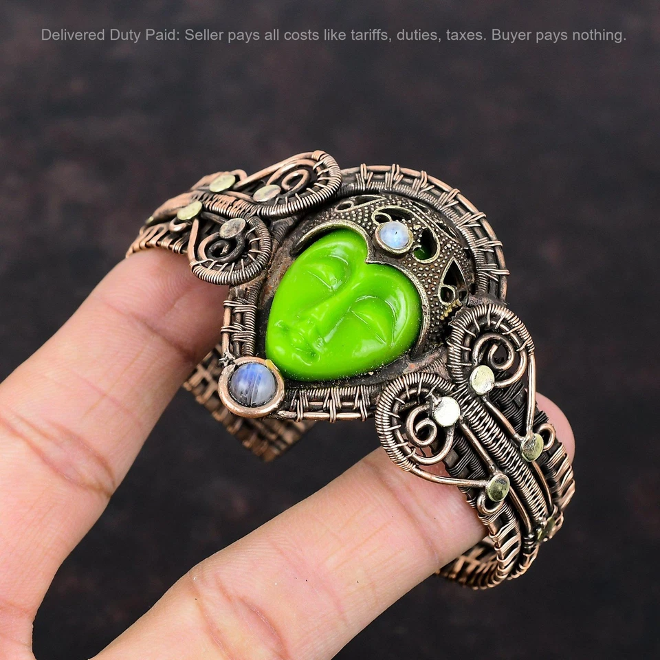 Brazalete envuelto en alambre de piedra lunar arco iris cara tallada verde natural de cobre Foto 3 de 4