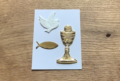 Verzierwachs für Kommunionkerze, 3-teilig - Taube, Kelch mit Hostie und Fisch