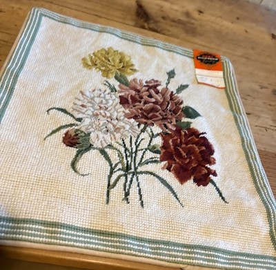Woollen Needle Point Pillow  Cover Chintz Floral Green 14  Sq Velvet Back  (a38
