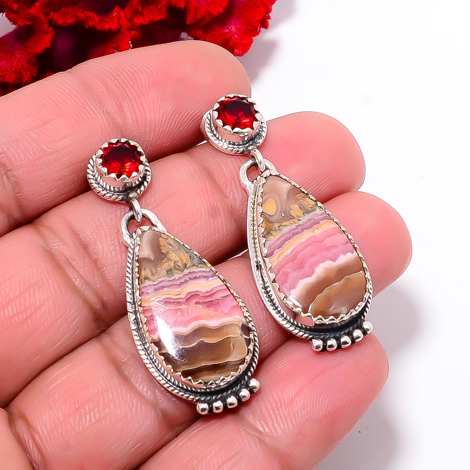 Rhodochrosite - Argentina & Red Garnet 925 Sterling Silver Earring 1.68