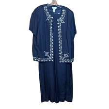 Vintage Y2K Coldwater Creek 2pc Navy Linen Dress Jacket Set 20W Plus Embroidered