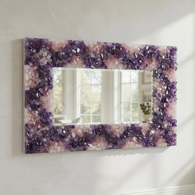 Amethyst & Rose Quartz Unique Mosaic Wall Mirror   Natural Crystal Stone Luxury