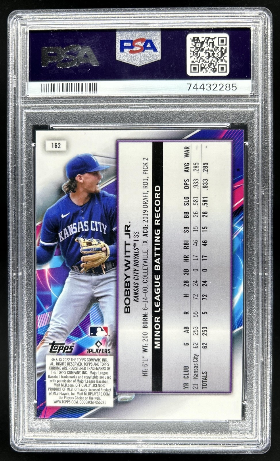 2022 Topps Cosmic Chrome Bobby Witt Jr. RC Rookie #162 Royals PSA 10 GEM MINT view 2