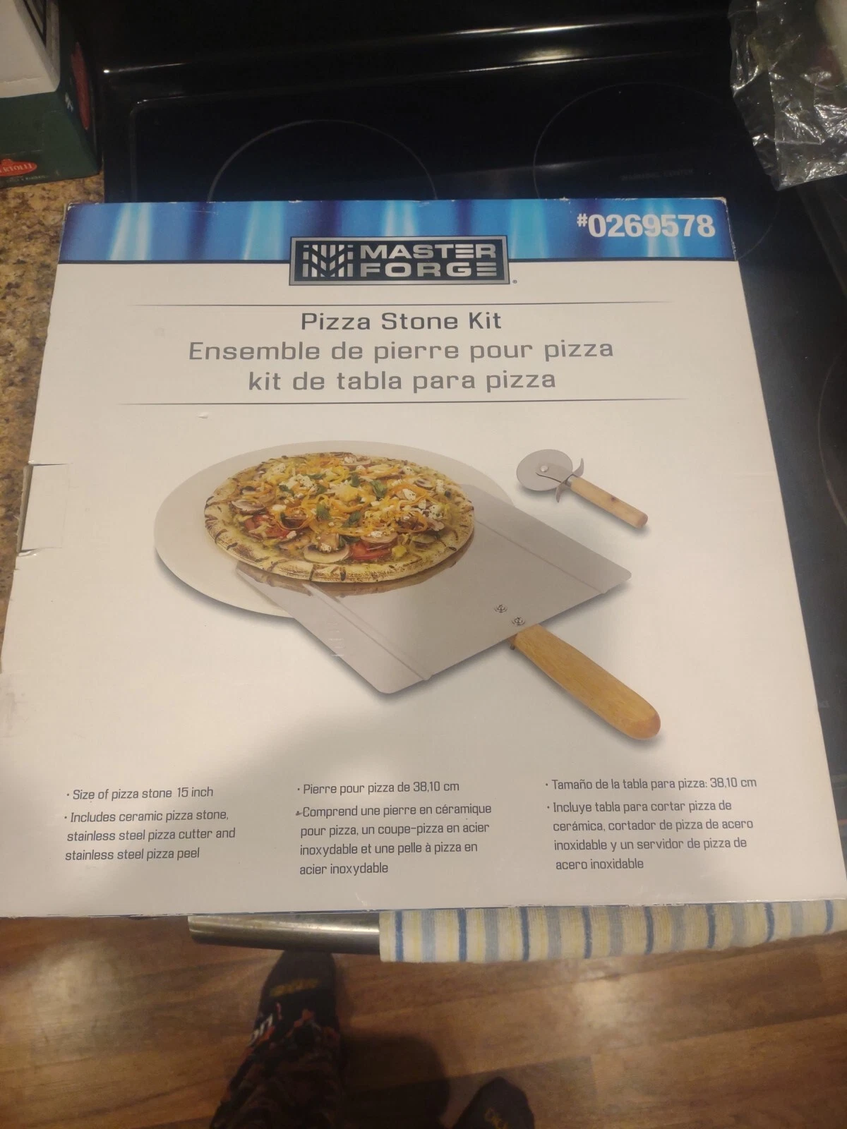 Master Forge Pizza Stone Kit, 15" ceramic stone, stainless s pizza peel, cutter