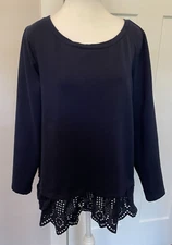 TALBOTS Womens Knit TOP Long Sleeve Navy BLUE Eyelet Ruffle Peplum Size X