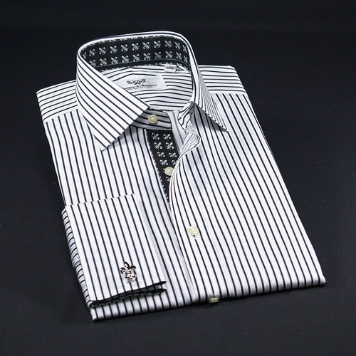Black Stripe Unique Designed With Black Fleur-de-lis Inner Lining Business Shir - Picture 7 of 8