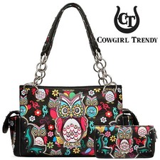 Colorido Búho Western Cartera Primavera Bolso de Mano Mujeres Bolso de Hombro Cartera Conjunto Negro