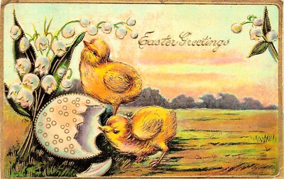 Easter Card Chicks Polk A Dot Egg Sunset Twilight Spring Field Vtg Postcard E28