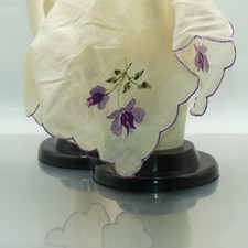 Vintage White Linen Handkerchief, embroidered, purple flowers, scalloped edge