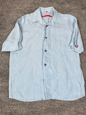 Signum Linen Short Sleeve Shirt Mens M Blue Solid Button Down Casual Fresh