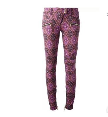   NWT Balmain Mix Diamond Print Moto Biker Pink Denim Jeans EUR 38