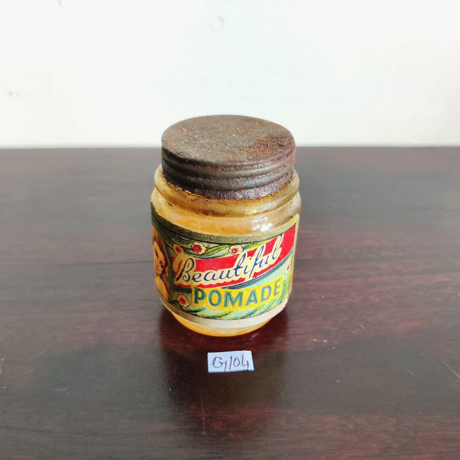1969 Vintage Lady Printed Beautiful Pomade Glass Jar Decorative Collectible G104