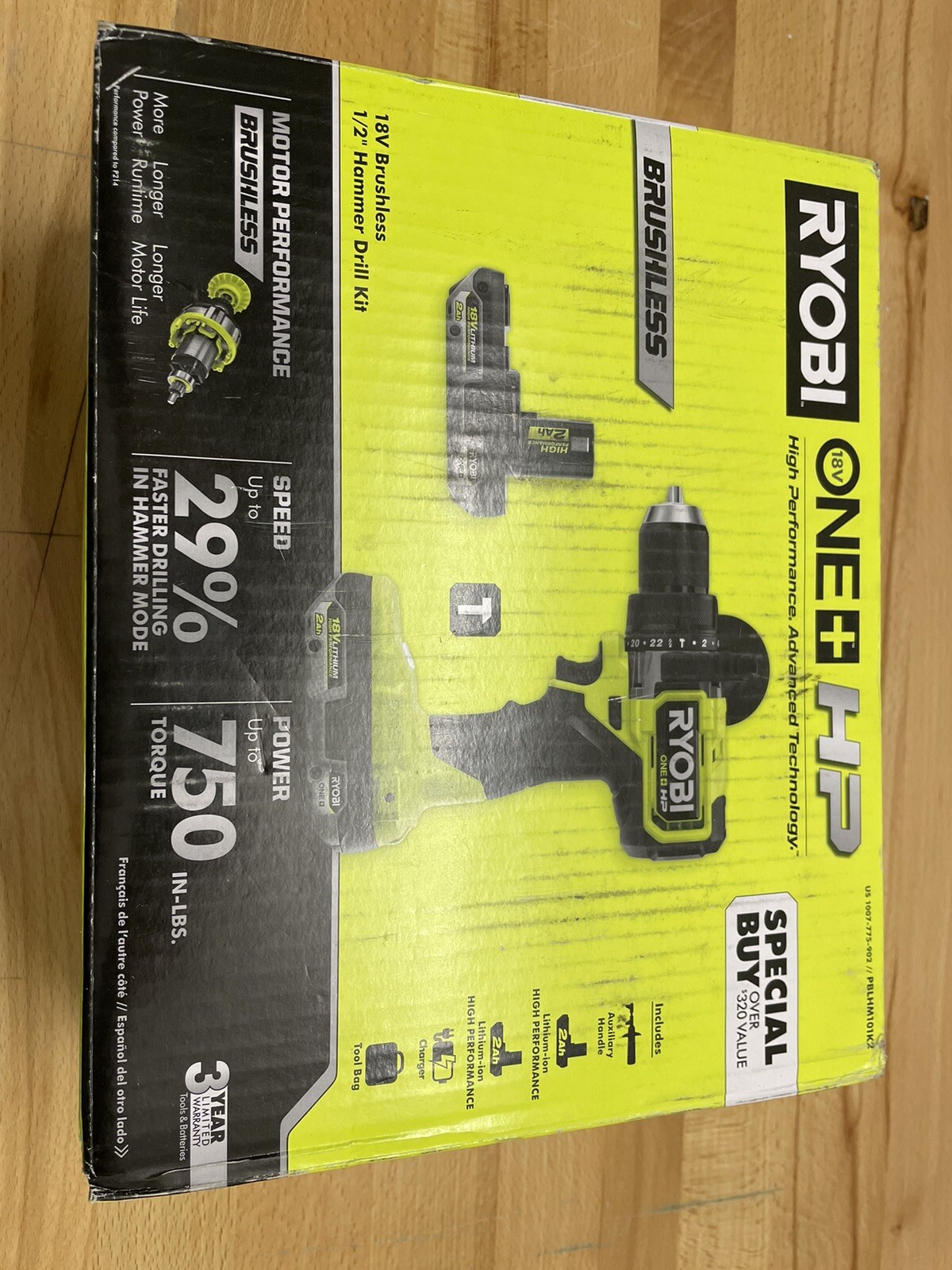 Ryobi Brushless Cordless Hammer Drill Kit w (2) HP 2.0 Ah ONE+ 18V