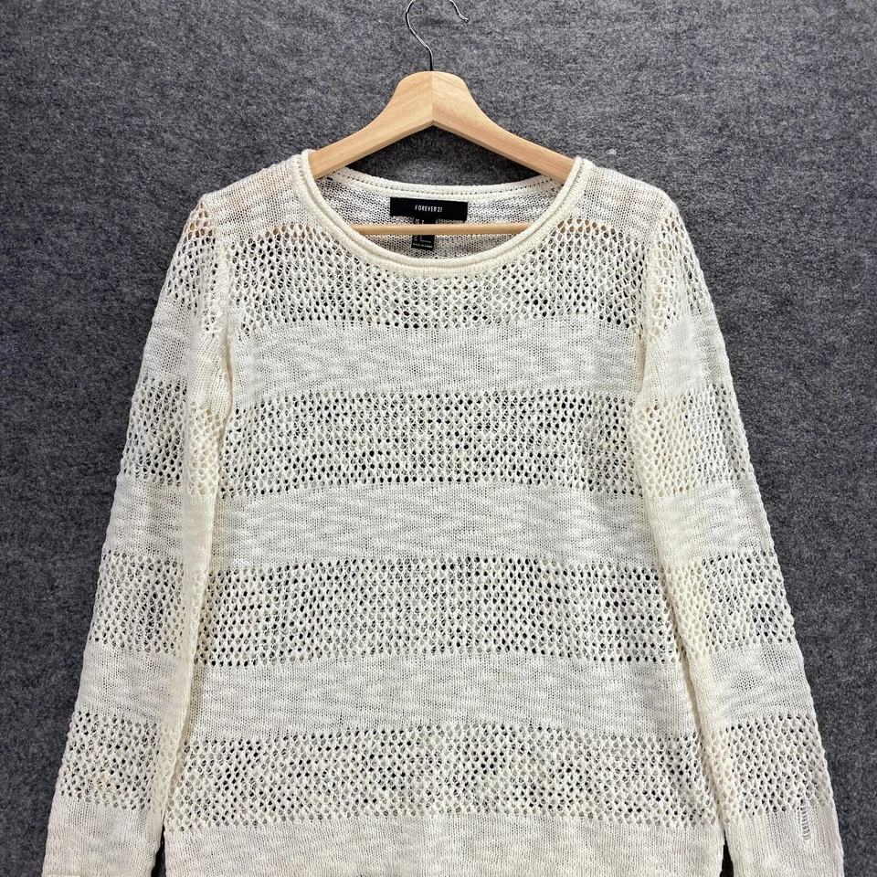 Forever 21 Top Women S Small White Striped Crochet Long Sleeve Round Neck Casual - Image 3 of 4