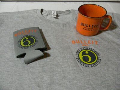 1 BULLEIT Lot: FRONTIER WHISKEY MUG West Sixth Brewing Can Sleeve & XL T-SHIRT