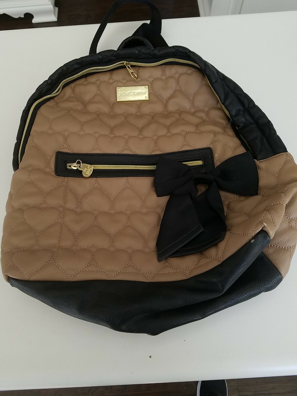Betsey Johnson Quilted Heart Backpack Tan and Black Gem