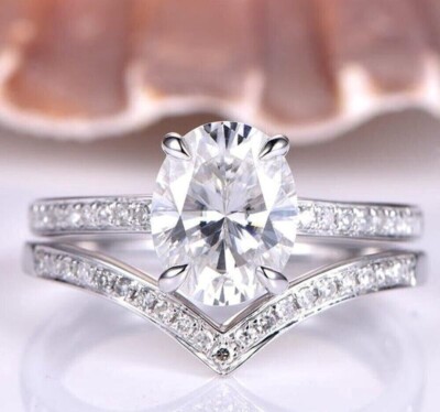 Oval Cut D/VVS1 Moissanite 14K White Gold Plated Bridal Wedding Band Ring Sets