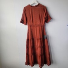 lulu's womens Dreaming of You Rust Orange Swiss Dot Midi Dress sz s crochet lace