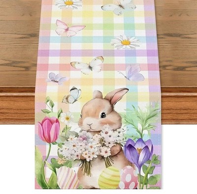 Easter Bunny Butterfly Linen Table Runner Farmhouse Home Spring Table Decor Gift
