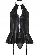 2-tlg.Set Corsage mit Strapshaltern und String mit Wetlook Gr. 48/50 Schwarz Neu