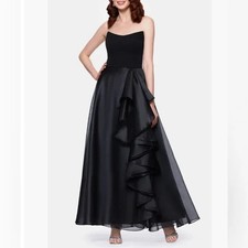 Betsy  Adam Black Ruffle Strapless Mixed Media Gown Size 6P 289