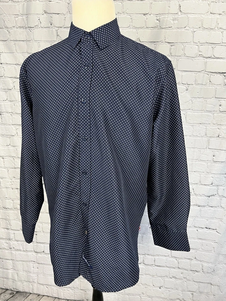 Camisa de vestir inglesa de lavandería para hombre L 16 1/2 34/35 azul, lunares blancos, poliéster Foto 2 de 4