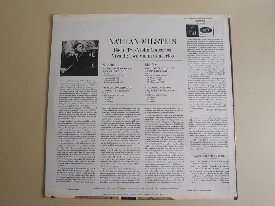 Nathan Milstein Bach / Vivaldi - Two Violin Concertos Angel 36010 Stereo SEALED - Image 2 of 3