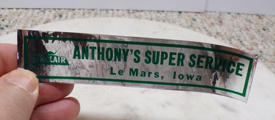 Anthony's Sinclair Gas Advertising Decal Le Mars Iowa Gas Station THIS FAMILY?-B
