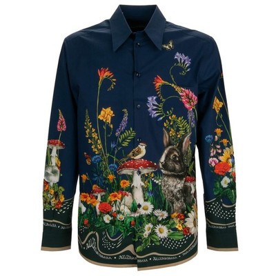 DOLCE & GABBANA Special Edition Bunny Flower Mushroom Bird Cotton Shirt Blue  