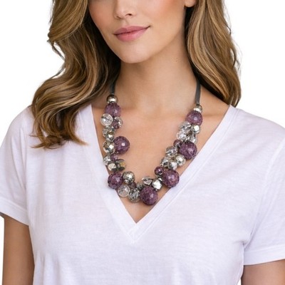 Women s Chunky Glass Bead Statement Necklace Silver Lavender Purple 10 12 