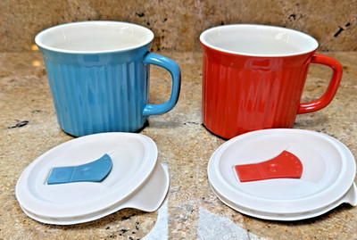 TWO Corning Ware Soup Mugs 20 oz Stoneware with Vented Lids Blue /Red