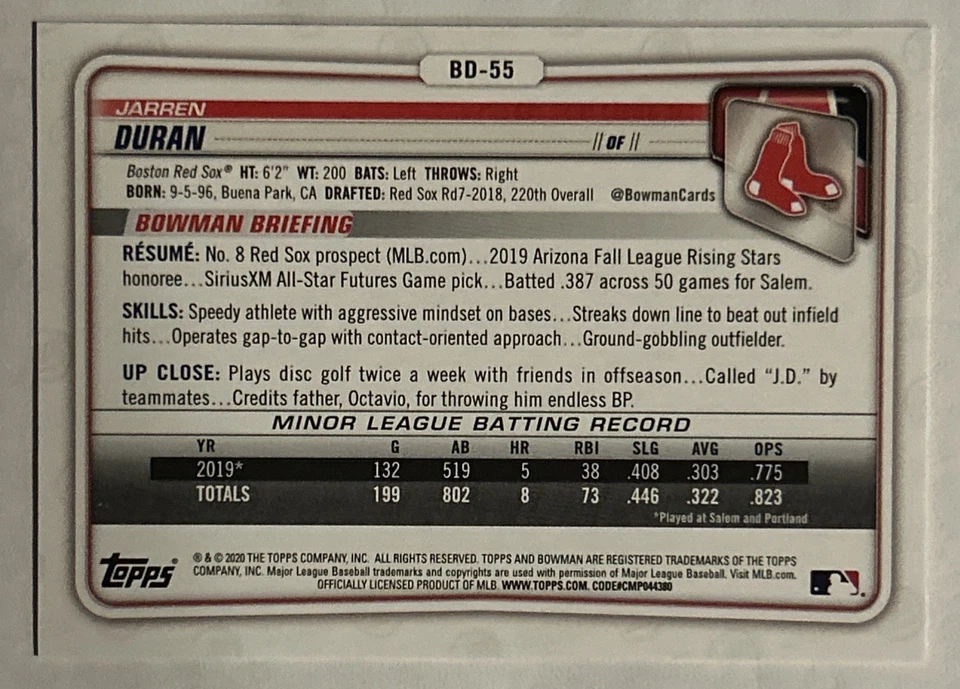 2020 Bowman Draft 1st Edition JARREN DURAN GOLD FOIL #’d 28/50- #BD-55 RED SOX - Image 3 of 3