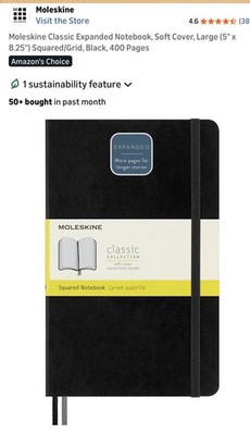 Moleskine Classic Collection squared Notebook.  Expanded With 400 Pages new $38