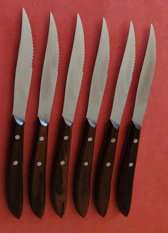 6 Russell Serrated Steak Knives Rosewood Handle USA MCM Rack Orig Box Dexter
