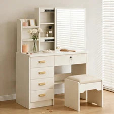 White Vanity Dressing Table Set With Mirror Stool Drawers Makeup Desk Bedroom