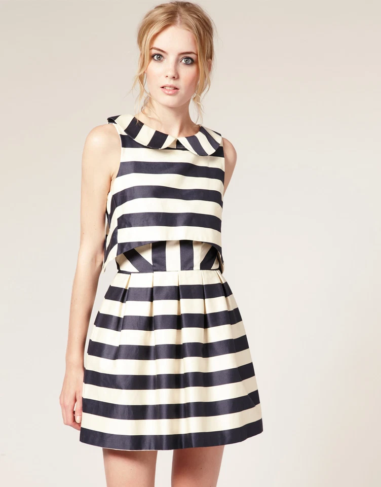 ASOS Azul Marino Crema Náutico de Rayas Corte Peter Pan Cuello Vestido 10 6 38 - Imagen 3 de 4