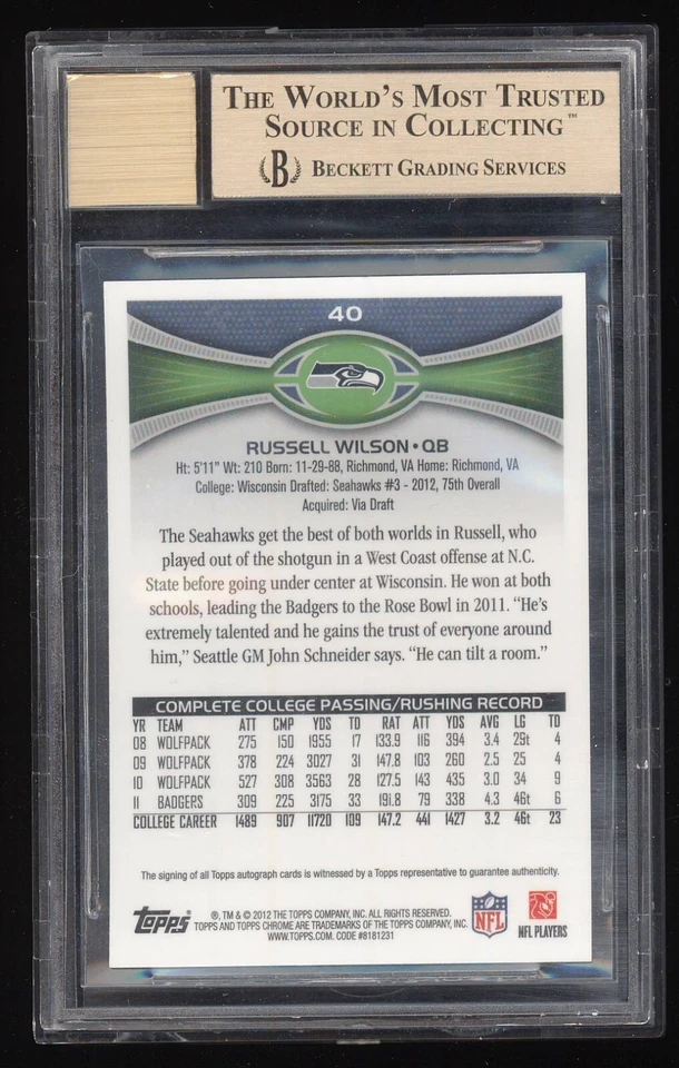 2012 Topps Chrome Russell Wilson autógrafo novato RC BGS 9.5/10 *CHIPADO* - Imagem 2 de 3