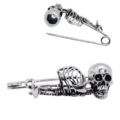 Skeleton Skull Pin Badge Bones Pagan Gothic Brooch Silver Dead Reaper Rock Lapel