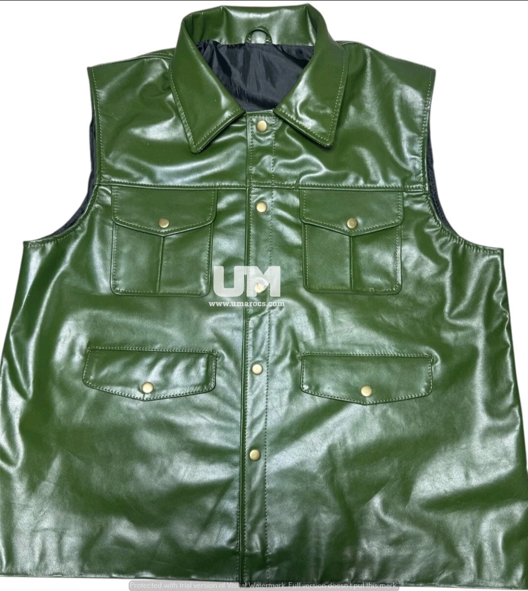 Men's Original Green Leather Biker Sleeve less Style Uniform Leather Vest