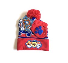 PAW PATROL HAT MITTENS SET TODDLER BOY ONE SIZE RED BEANIE POM POM HAT