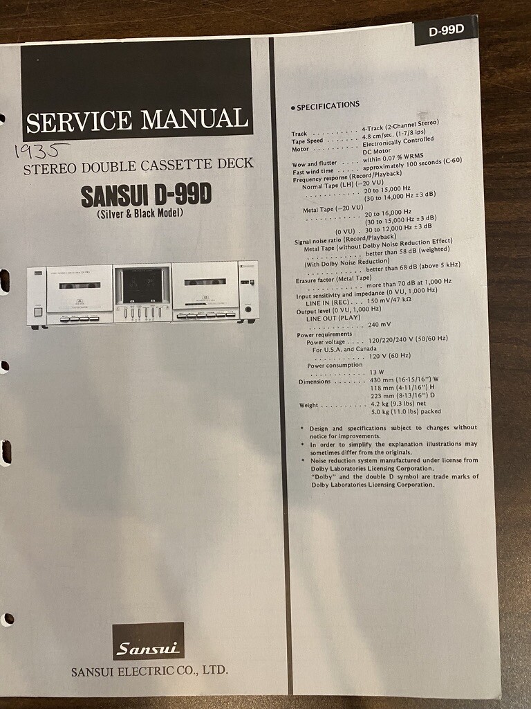 SANSUI D-99D D99D Service Manual **ORIGINAL**