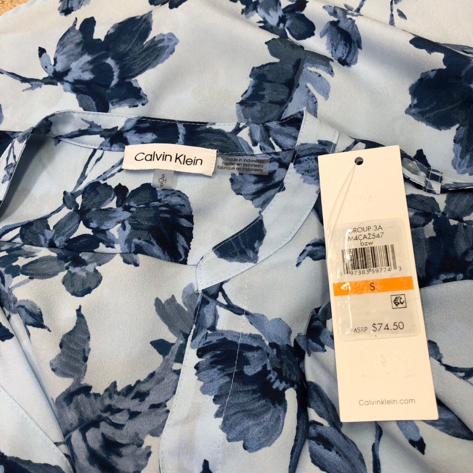 Calvin Klein Womens Blue Floral Button-Down Blouse W Roll-Tab Sleeves Size S NWT image 6