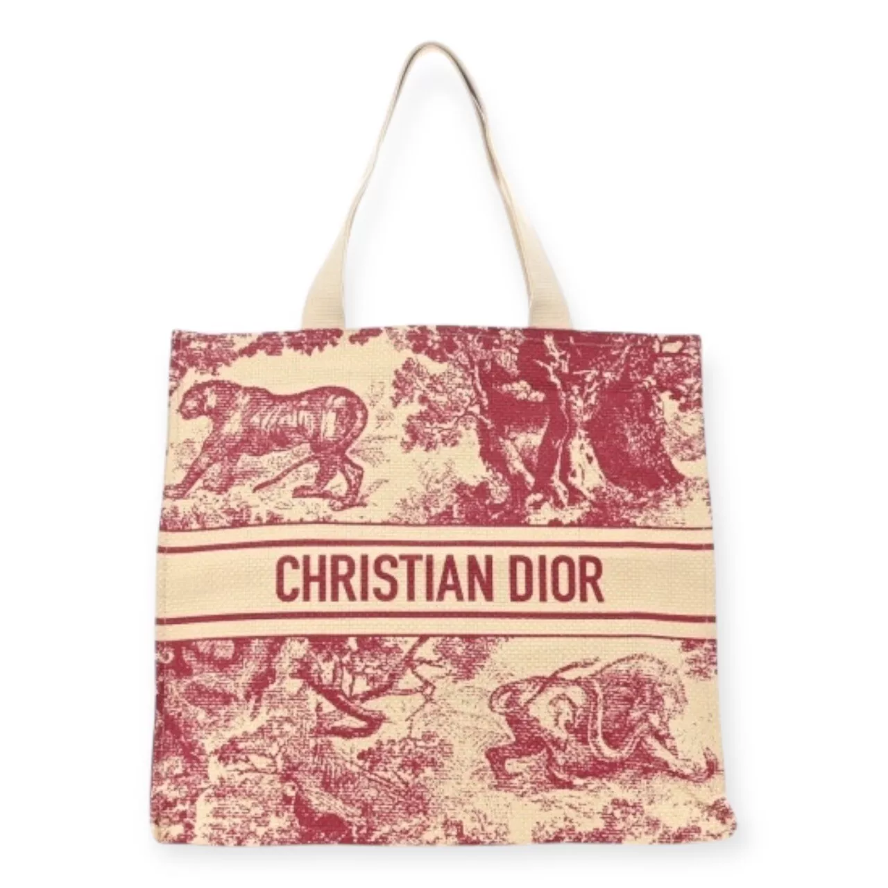 Sac fourre tout Christian Dior Dioriviera paille imprimé animal rouge crème marron NEUF
