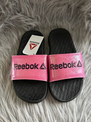 Reebok Slides Girls Size 3 Pink Black Sparkly Glitter Slip On Sandals Shoes
