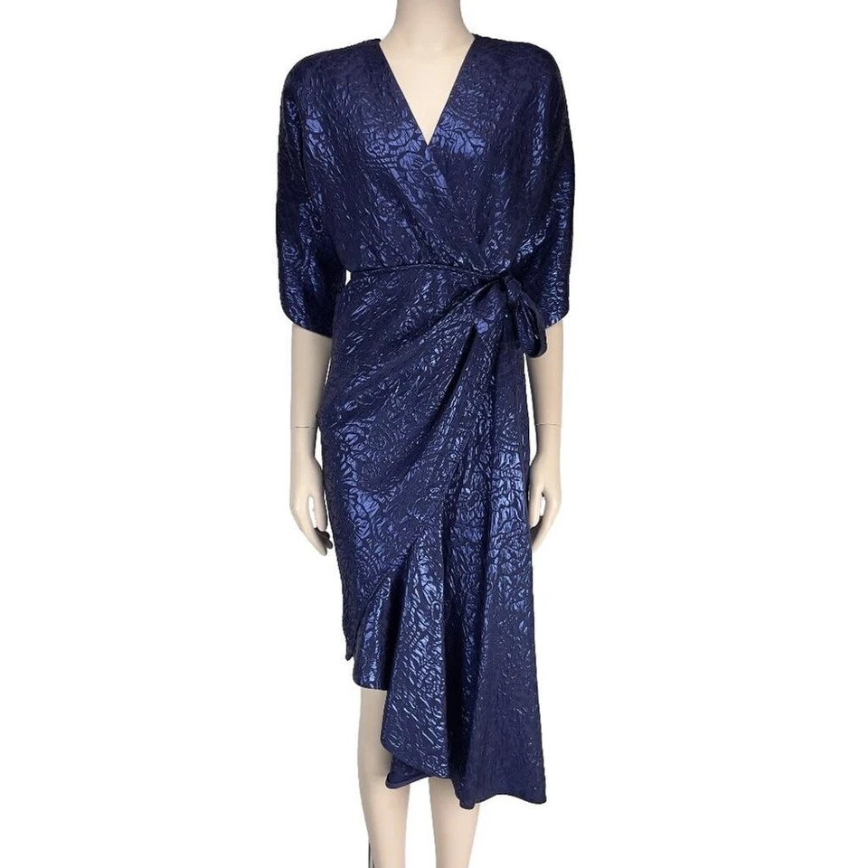 ETRO 2480$ NWT Wrap-effect Metallic Cloqué Christmas Ruched Dress blue IT 40 - Image 3 of 4