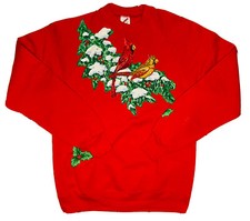 VINTAGE Jerzees Women Red Painted Cardinals Christmas Sweater; Made in USA; L