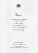 Ephemera Menu Texaco Olympic Hotel Seattle WA 1951 Retirement T E Nichols
